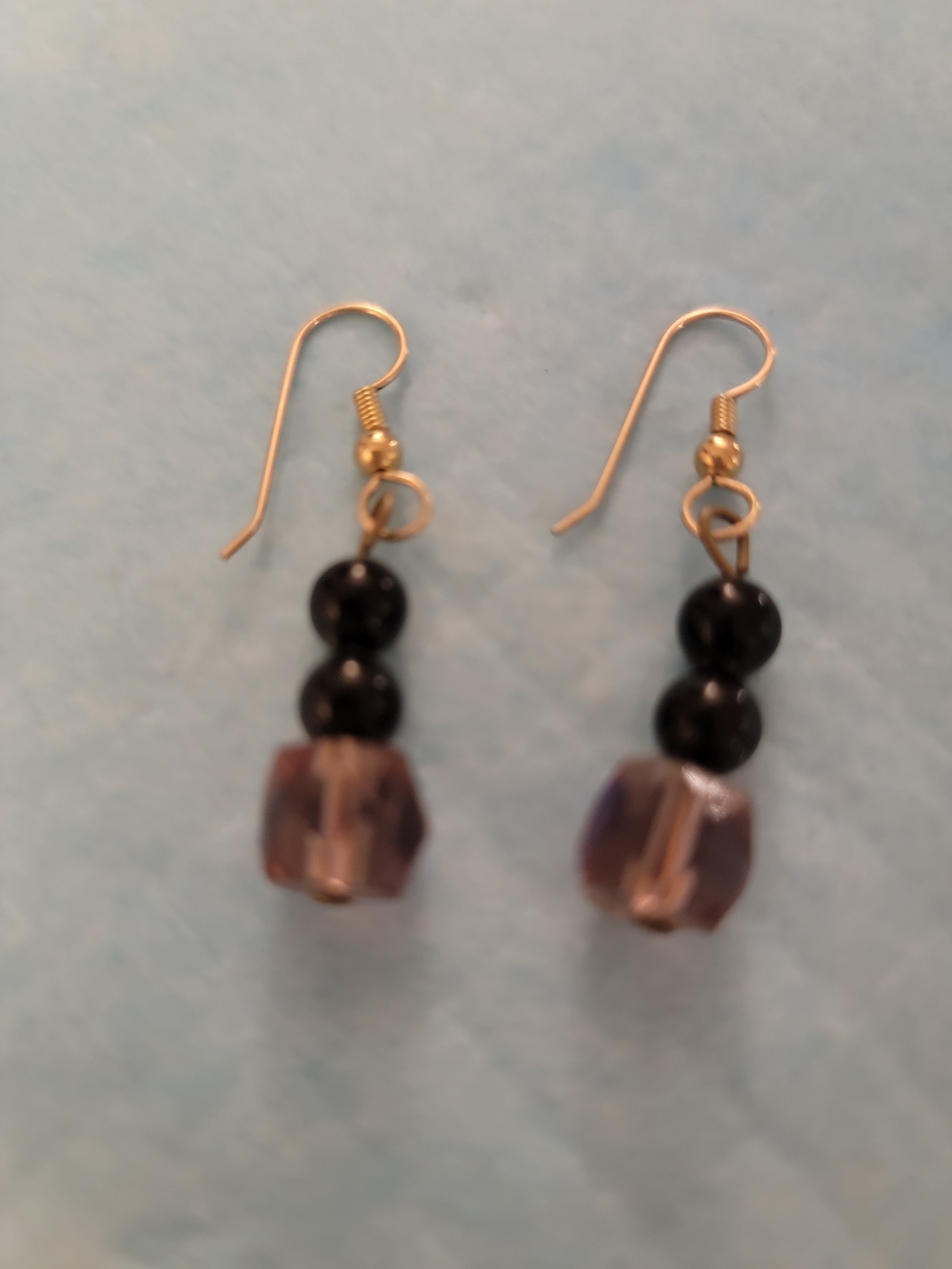 Gold Tone Hook Earrings with Black Beads & Purple Beads Crystal Drops Hand Made